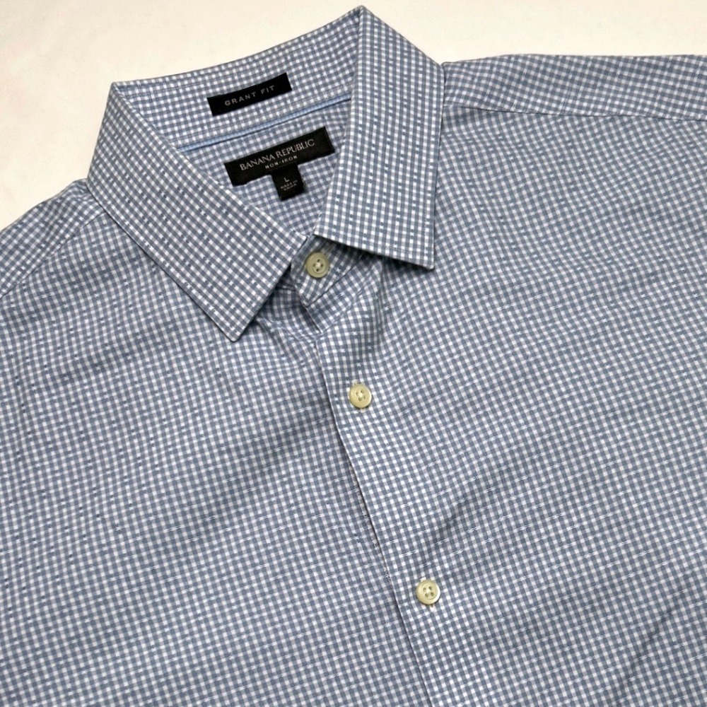 Banana Republic Mens Non-Iron Cotton Grant Fit Shirt Blue White Gingham Size L